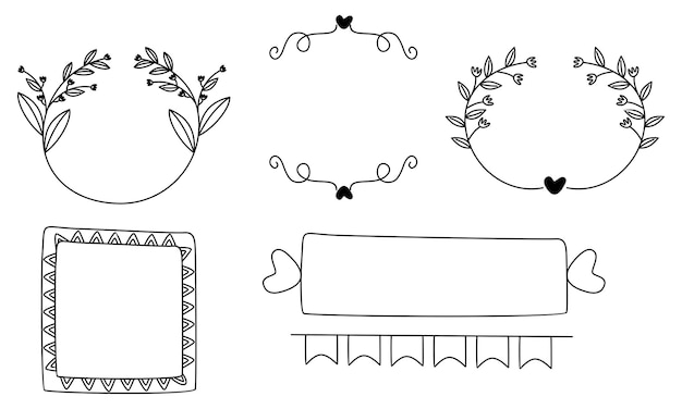 Retro line drawing frames, ribbons, florals, decorations and plants