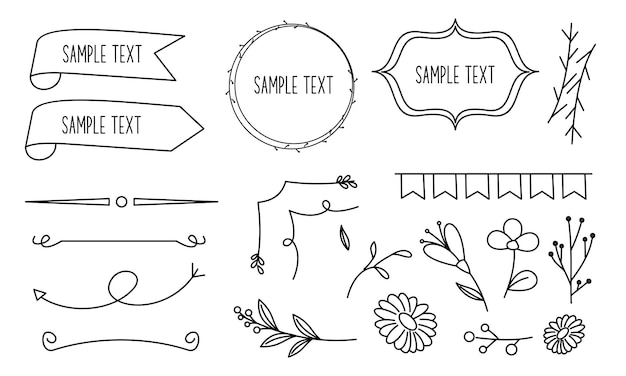 Retro line drawing frames, ribbons, florals, decorations and plants