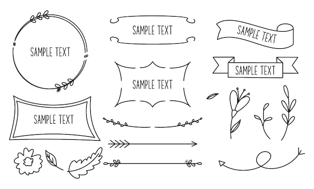 Retro line drawing frames, ribbons, florals, decorations and plants