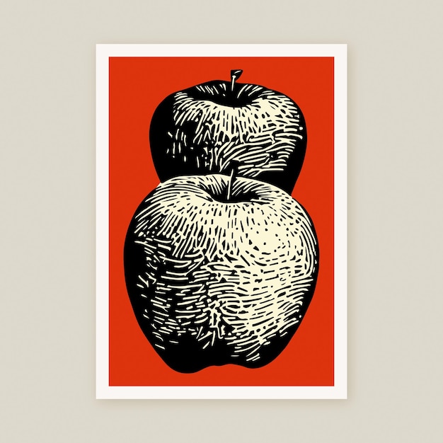 Retro Linocut Art Drawing Apples Fruit Lover Print