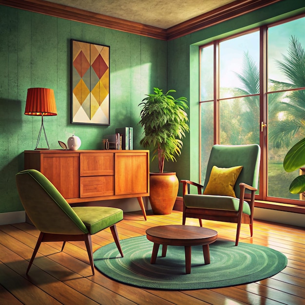 Retro Living Room with Green Walls and MidCentury Furniture