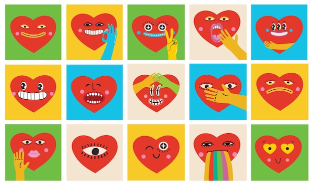 Retro love crazy and smeared heart smiley face Hippie groovy smile character vector set Valentine day concept Vector illustration