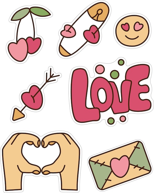 Retro love y2k sticker set A small set 90s 2000s style with hearts smiling face cherries