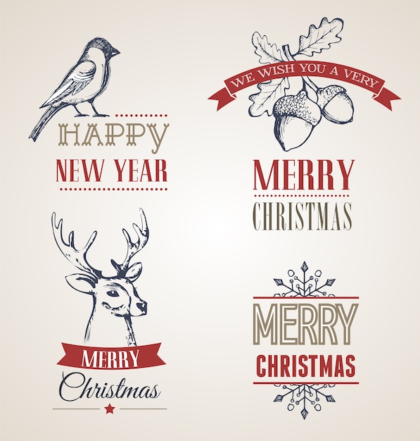 Retro Merry Christmas and Happy New Year labels