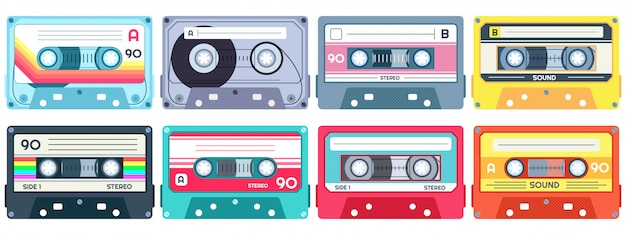 Retro music cassette. Stereo DJ tape, vintage  cassettes tapes and audio tape  set