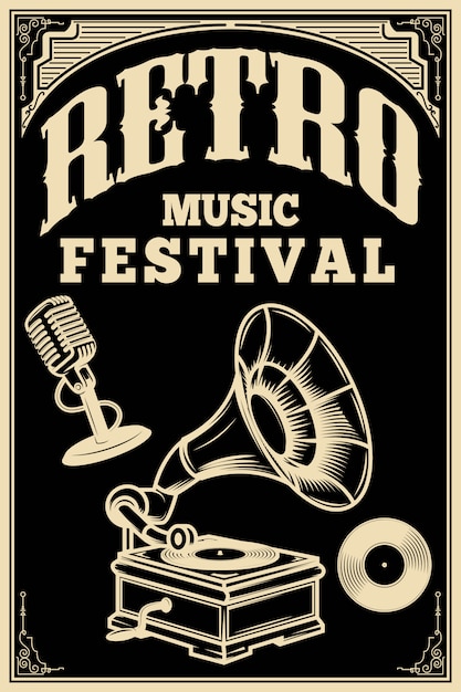 Retro music festival poster template. Vintage microphone, old style gramophone on dark background.  illustration