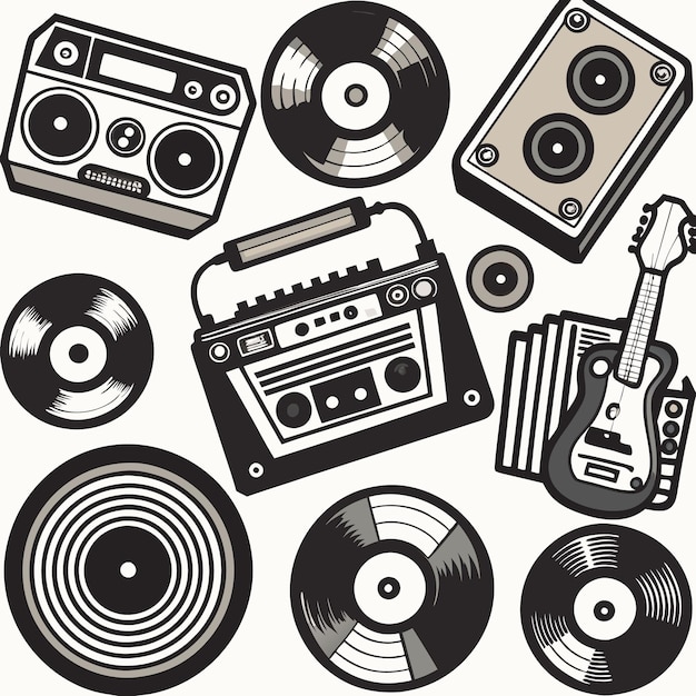 Retro music icons including a boombox guitar and vinyl records