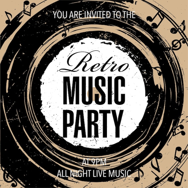 Retro music party invitation card or poster with vinyl record notes and treble clef