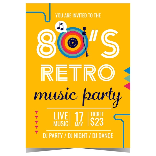 Retro music party vector illustration with 80's vinyl record player on yellow background