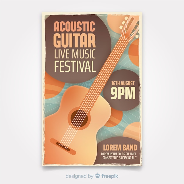 Vector retro music poster template with guitar