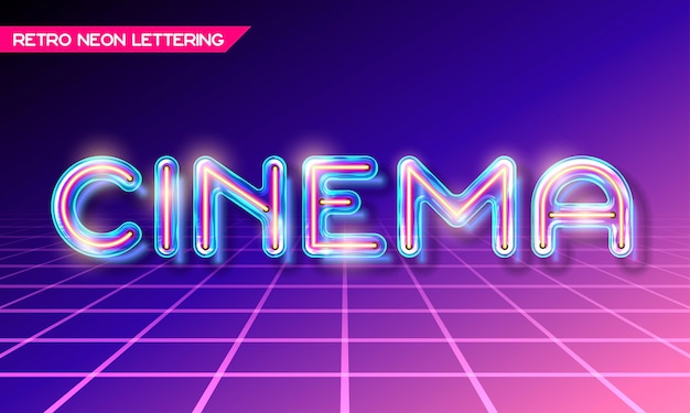 Retro neon glowing glass CINEMA lettering with transparency and shadows