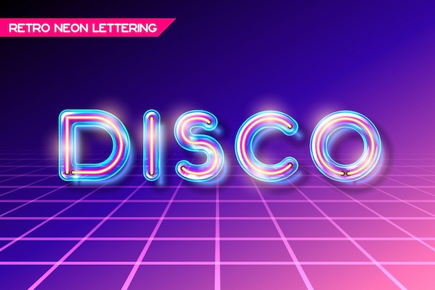 Retro neon glowing glass DISCO lettering with transparency and shadows