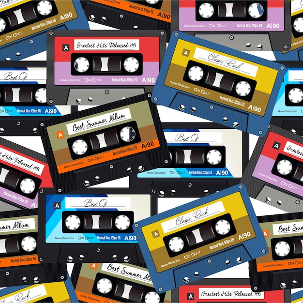 Retro Old colorful  audio cassettes seamless background