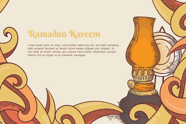 Retro ornament background with lantern in hand drawn design for ramadan kareem template