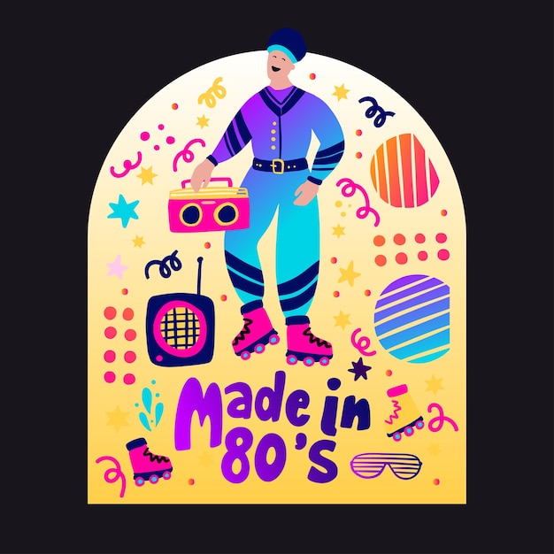 Retro party 80s music man poster with gradient lettering 70s vintage disco dance flyer, cartoon