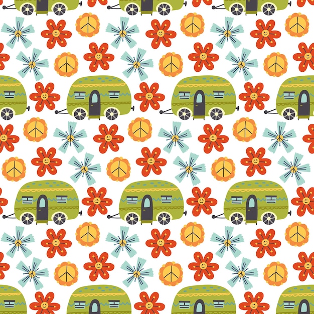 Retro peace floral camper pattern