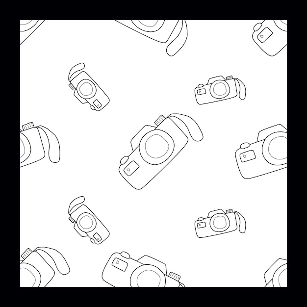 Vector retro photo camera seamless pattern vector outline illustration isolated on white background linear template monochrome background for textile fabric wallpaper wrapping paper