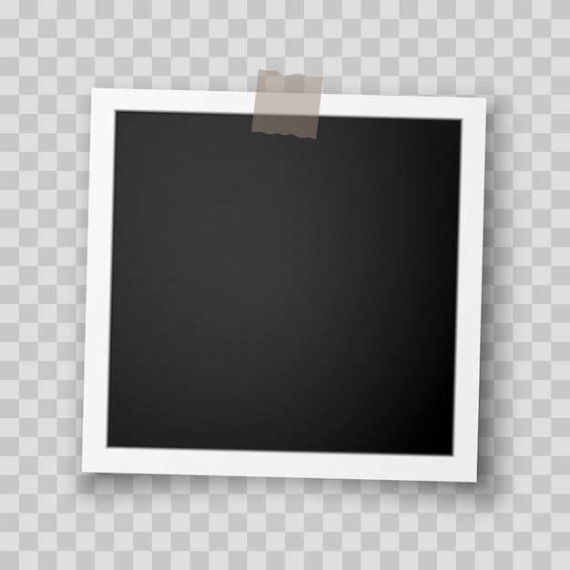 Retro photo frames with white margins and adhesive tape on a transparent background