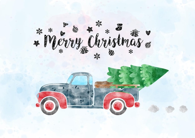 A retro pickup truck carrying pine tree in watercolors style with Merry Christmas letters and decorated with Christmas symbols on light blue watercolor and white background.