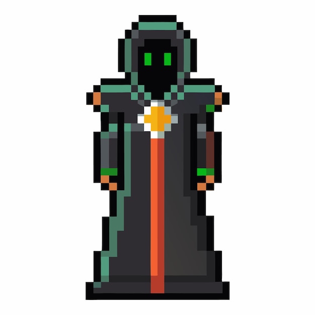 Vector retro pixel art dark robed character with green eyes and mystical symbol