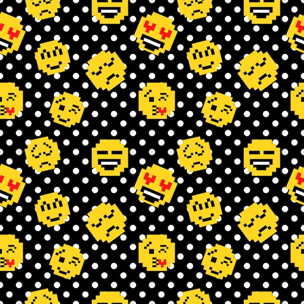 Retro pixel art seamless pattern with smiles 80s and 90s style