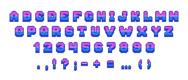 Retro pixel font 8 bit arcade game letters numbers and punctuation marks vintage video and computer game comic alphabet Vector isolated set