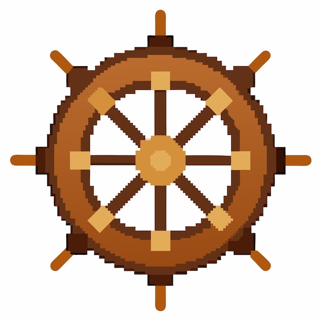 Vector retro pixelated wooden ship wheel icon for nautical themes