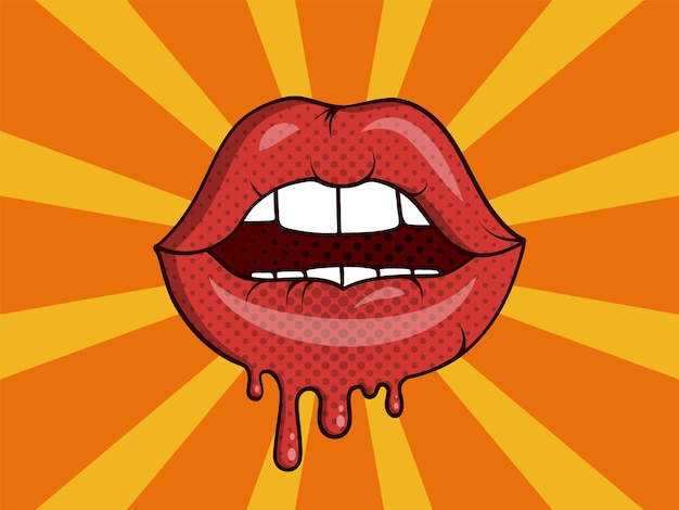 Retro pop art mouth Comic vintage funny girl red lips Modern poster isolated sticker beauty shop advertising sexy lipstick fashion expression texture Vector abstract card