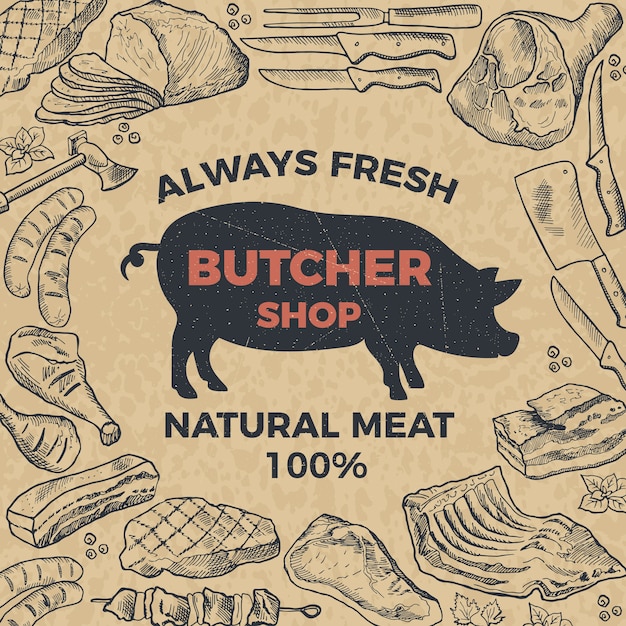 Retro poster for butcher shop. Hand drawn illustration.  butcher shop and market with natural meat