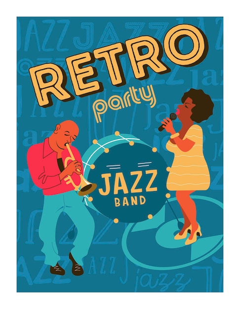 Retro poster. Jazz party. Trumpeter and jazz singer.