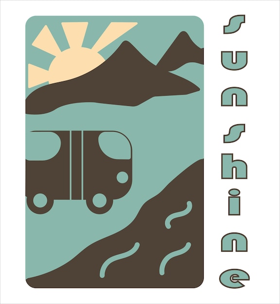 Retro poster with a vintagestyle bus Vector illustration of a landscape of desert mountains and sunset Logo with the inscription sunshine