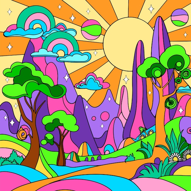 Retro psychedelic groovy landscape. Vintage hippie background