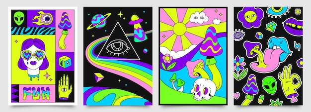 Retro psychedelic hippie posters with space, mushrooms and rainbows. 70s abstract covers with skull, floating eyes, crazy lips vector set. Bright ufo spacecraft and alien flying in universe