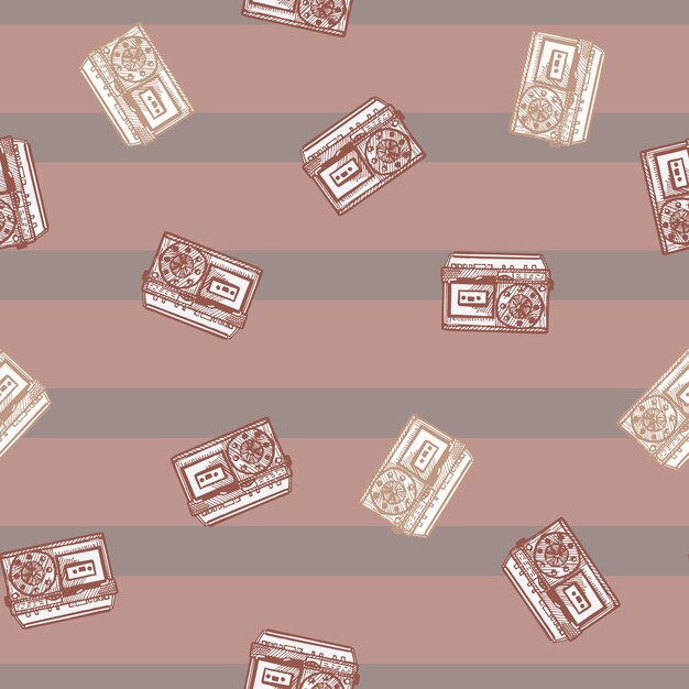 Retro radio engraved seamless pattern Vintage media equipment in hand drawn style Sketch old device