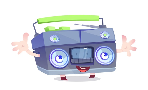 Retro radio receiver with cassette player in the form of a humanized funny smiling and waving