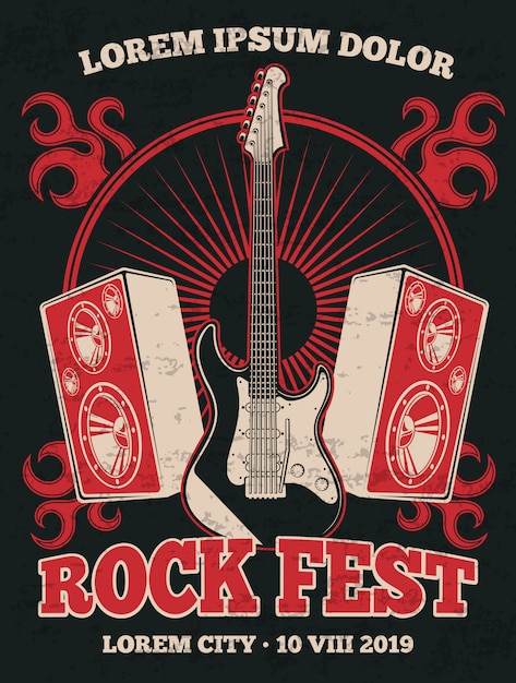 Retro rock music band poster with guitar. Rock music festival grunge illustration banner in red black