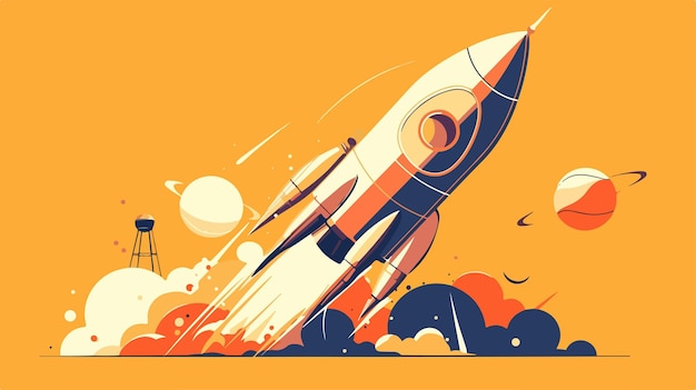 Retro Rocket Ship Blasting Off into Space Vector Illustration