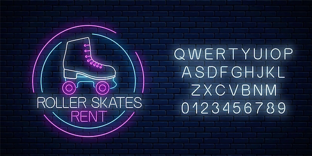 Retro roller skates rent glowing neon sign in circle frame Skate zone symbol in neon style Vector