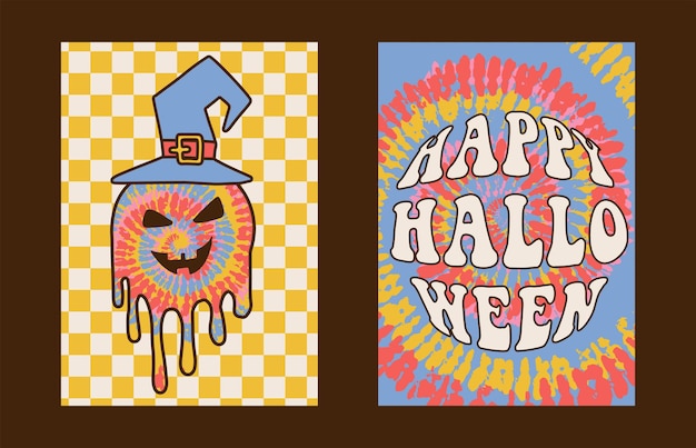 Retro s s hippie groovy halloween posters set with smiling face lettering and rainbow abstract backg