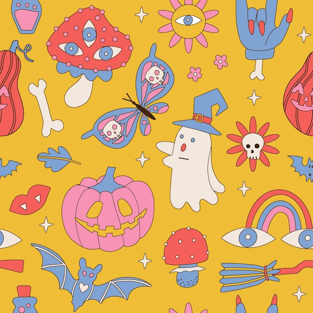 Retro s s hippie halloween seamless pattern with ghost mushroom daisy butterfly flower rainbow eleme