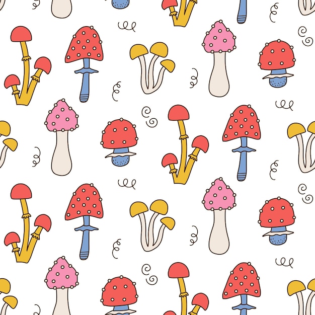 Retro s s mushroom hippie groovy seamless pattern vintage contour hippie style summer mushrooms fly