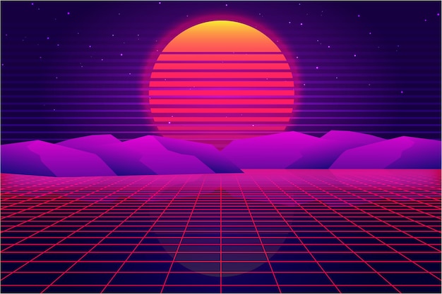 Retro Sci-Fi futuristic vector, background 1980s and 1990s style 3d illustration. Digital landscape