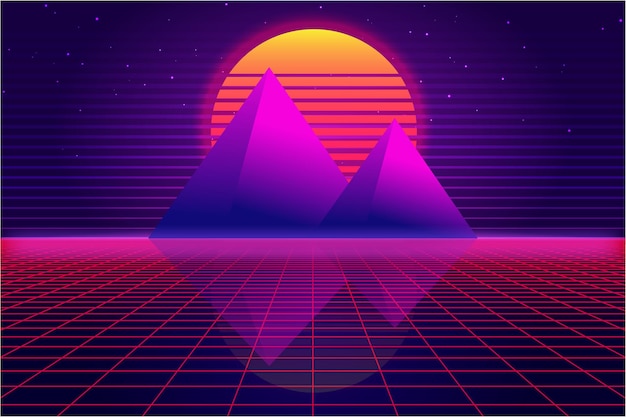 Vector retro sci-fi futuristic vector, background 1980s and 1990s style 3d illustration. digital landscape