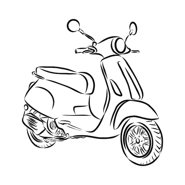 Retro scooter hand drawn ink line art moped vector illustration isolated on white