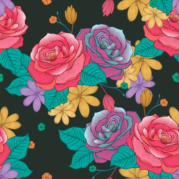 Retro seamless hand drawn rose pattern over black background