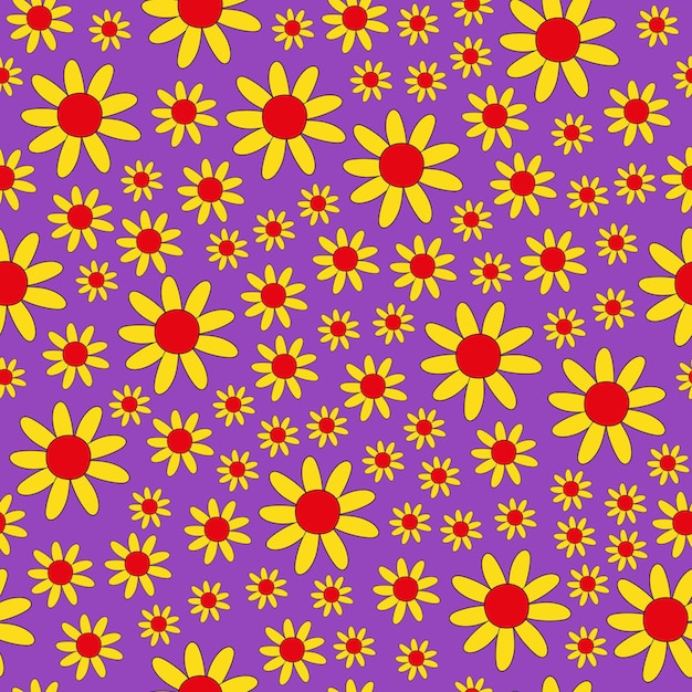 Retro seamless pattern of colorful hippie flowers on a purple background