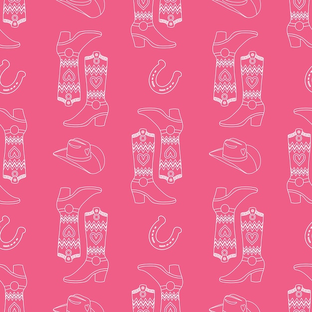 Retro seamless pattern cowboy boots hat and Cowgirl horseshoe Print in the style of the Wild West