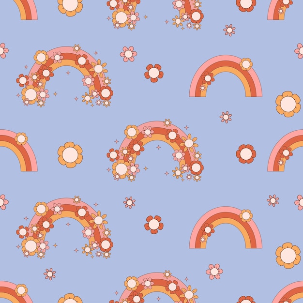 Retro seamless pattern Groovy rainbow with Daisy Flowers on purple background