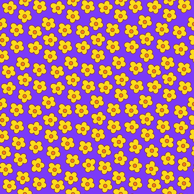 Retro seamless pattern of small scattered hippie daisy flowers on a purple background.