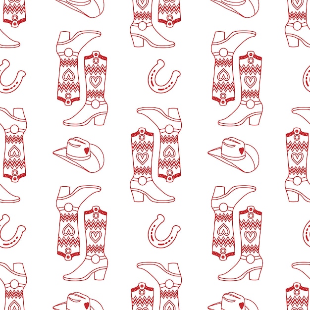 Retro seamless pattern with cowboy boots hat and Cowgirl horseshoe Print